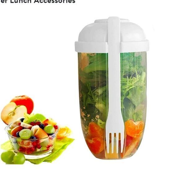 Fresh Salad to Go Container Set with Fork‎ and Dressing Holder, White (1000ML) - Picture 1 of 11
